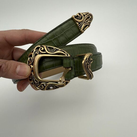Coldwater Creek Green Croc Embossed Leather Belt Ornate Gold Buckle Medium Y2K main image 9